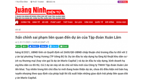 Báo Quảng Ninh đưa tin về Công ty TNHH Tập đoàn Xuân Lãm