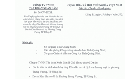 Tập đoàn Xuân Lãm gửi Văn bản đề nghị ngăn chặn giao dịch trái phép tại 2 Dự án ở phường Trưng Vương