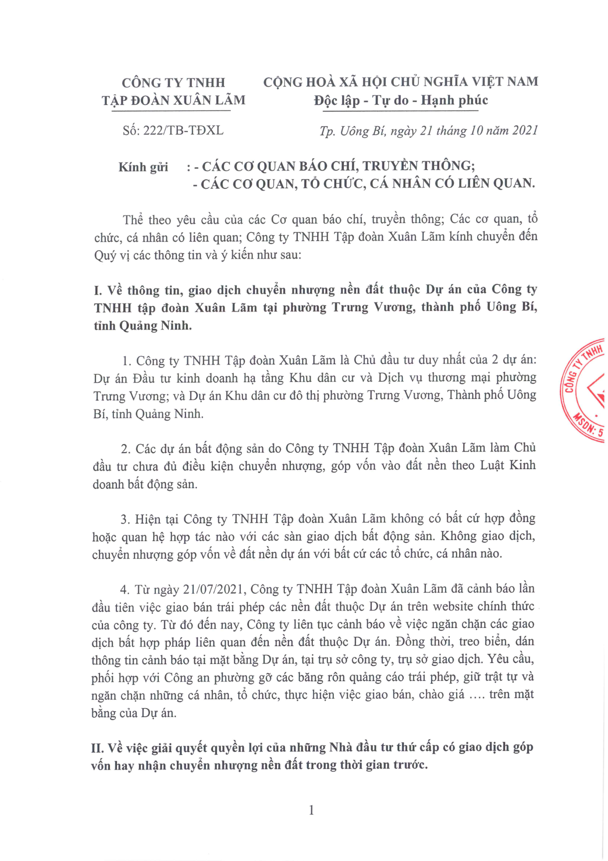 Thông cáo báo chí của Tập đoàn Xuân Lãm về giao dịch chuyển nhượng đất nền và quyền lợi cho nhà đầu tư thứ cấp-2
