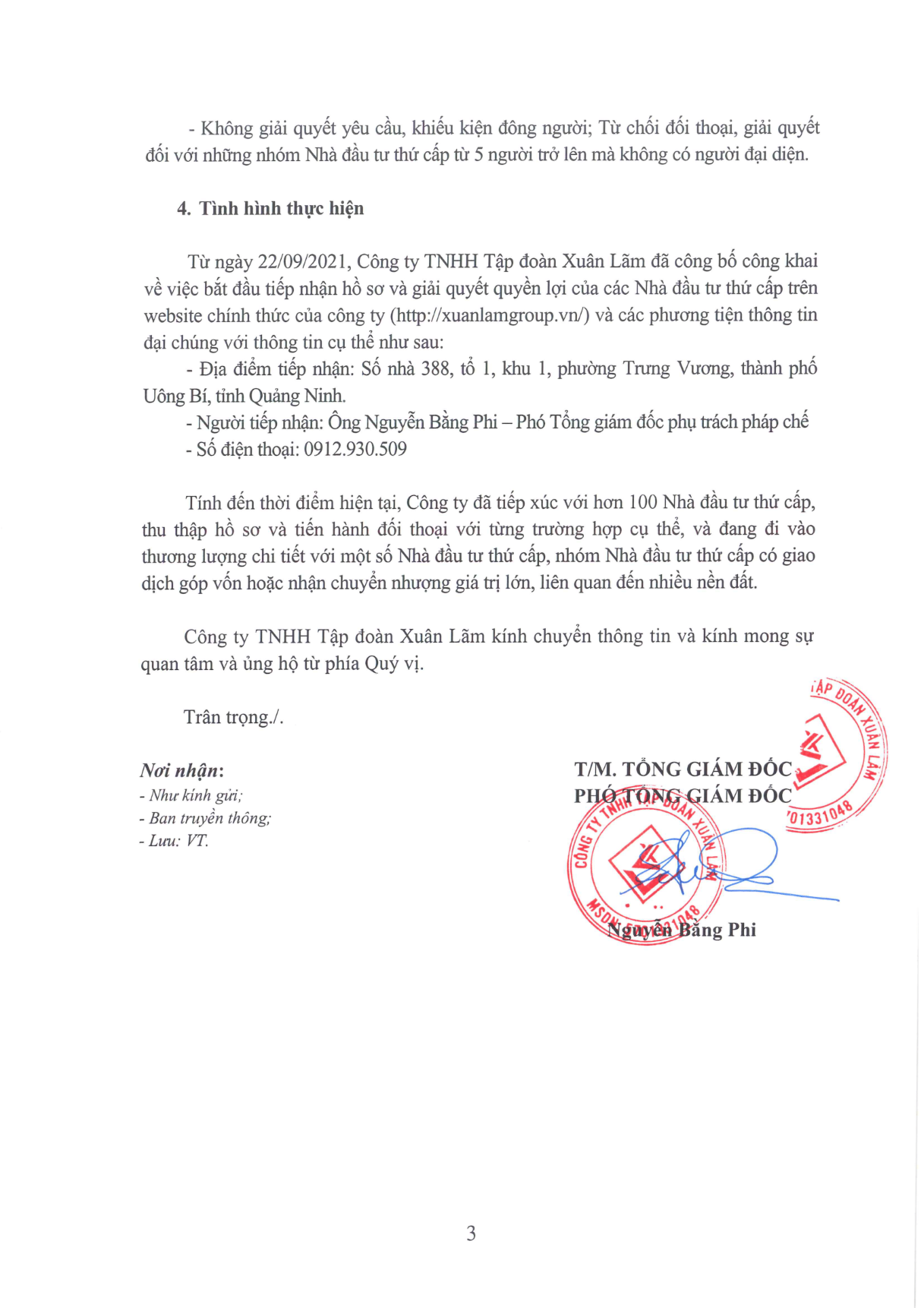 Thông cáo báo chí của Tập đoàn Xuân Lãm về giao dịch chuyển nhượng đất nền và quyền lợi cho nhà đầu tư thứ cấp-3
